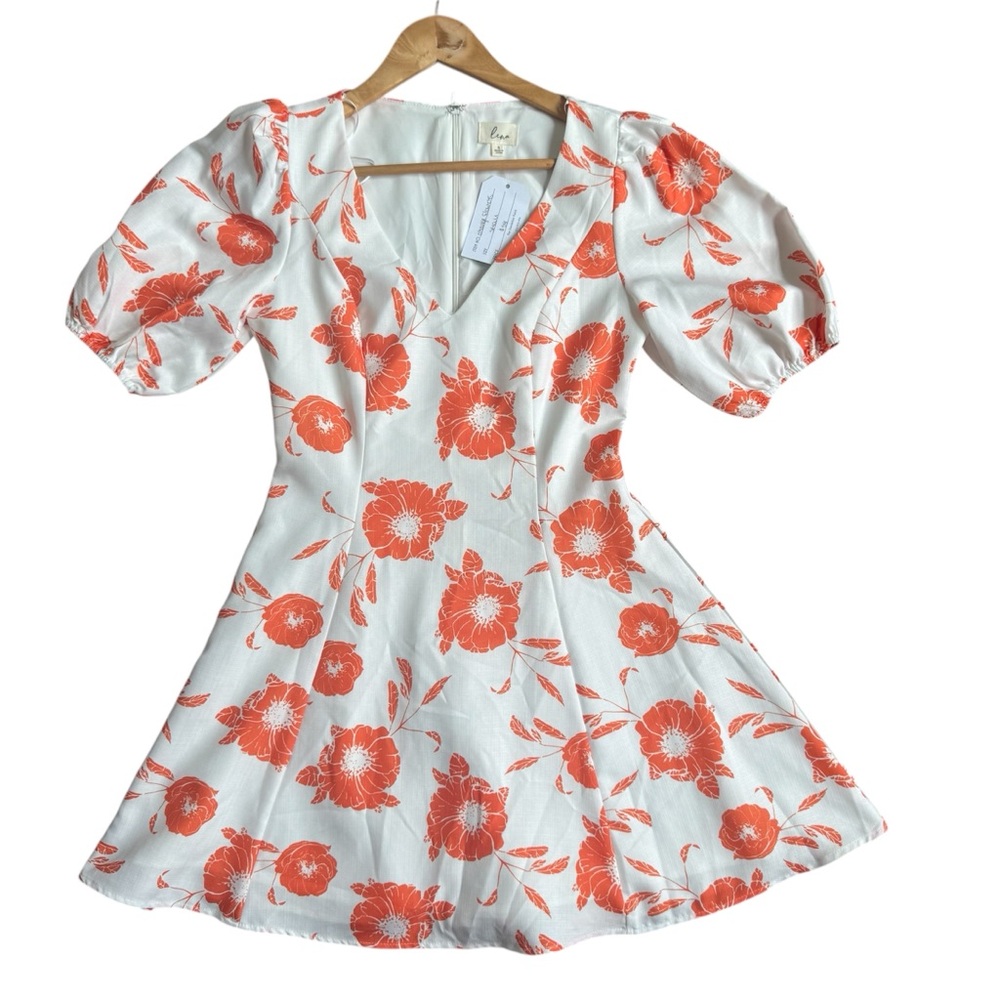 Lena White and Orange Short Sleeve Summer Floral Dress A Line Size Small NWT - Picture 12 of 13